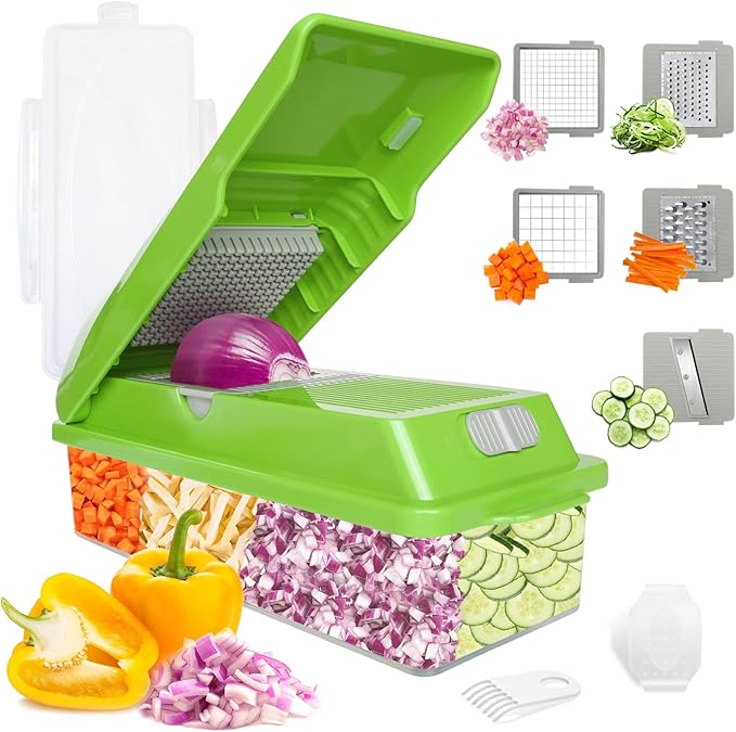 LHS Vegetable Chopper, Multifunctional Food Chopper, Pro Onion Chopper, Vegetable Slicer Dicer Cutter with 5 Blades, Veggie Chopper with Container(8-in-1,Green)