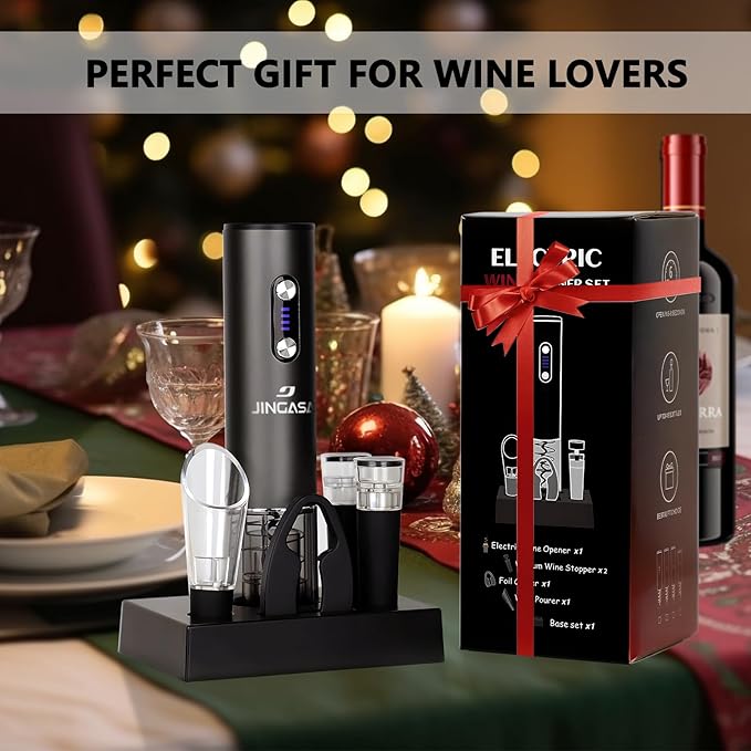 Electric Wine Opener Set With Base– Rechargeable Wine Bottle Opener Kit with Foil Cutter, 2 Vacuum Stoppers, and Wine Pourer – Best Wine Gift Set, Fancy Wine Opener for Wine Lovers and Parties