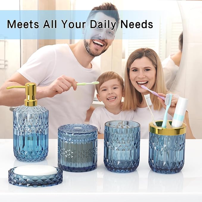 Blue Bathroom Accessories 5 Pcs, Glass Bathroom Accessory Set, Vintage Blue Bathroom Set, Soap Dispenser and Toothbrush Holder Set, Qtip Holder, Bathroom Sets Complete, Modern Bathroom Decor