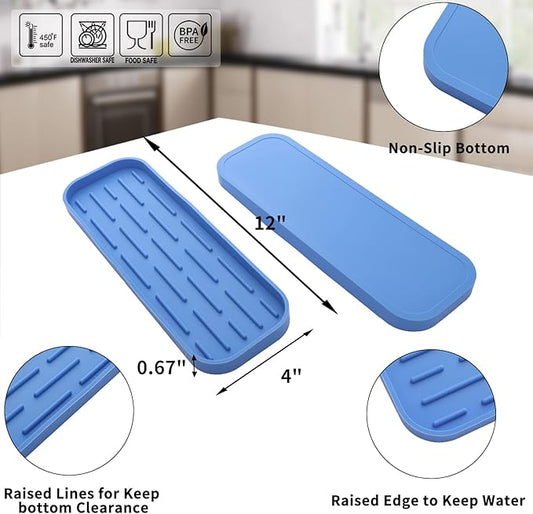 Silicone Kitchen Sink Organizer Tray for Multiple Usage,Eco-Friendly Sponges Holder for Kitchen Bathroom Counter or Sink,Dish Soap Dispenser,Scrubber,Bottle,Cup (Lichen Blue, 12"Γ4")