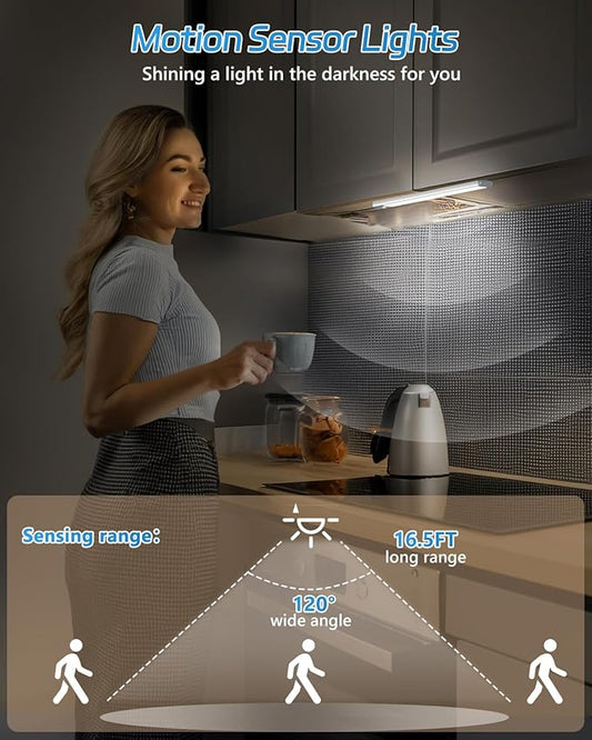 HIBOITEC Motion Sensor Under Counter Lights 2 Pack Rechargeable, 30-LED Wireless Cabinet Lighting Magnetic Self-Adhesive, 180lm Ultra Thin Closet Light for Kitchen, Cupboard, Drawer, Hallway, White