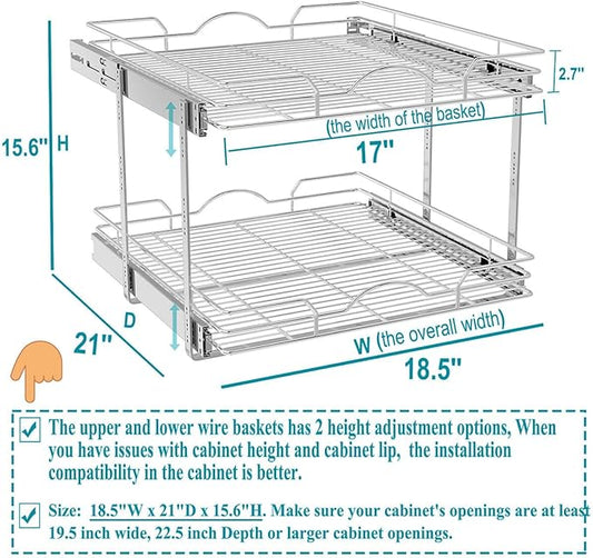 OCG 2 Tier Pull Out Cabinet Organizer (18.5" W x 21" D), Pull Out Drawers for Kitchen Cabinets, Pull Out Shelves for Base Cabinet Organization in Kitchen Bathroom Pantry, Chrome Finish