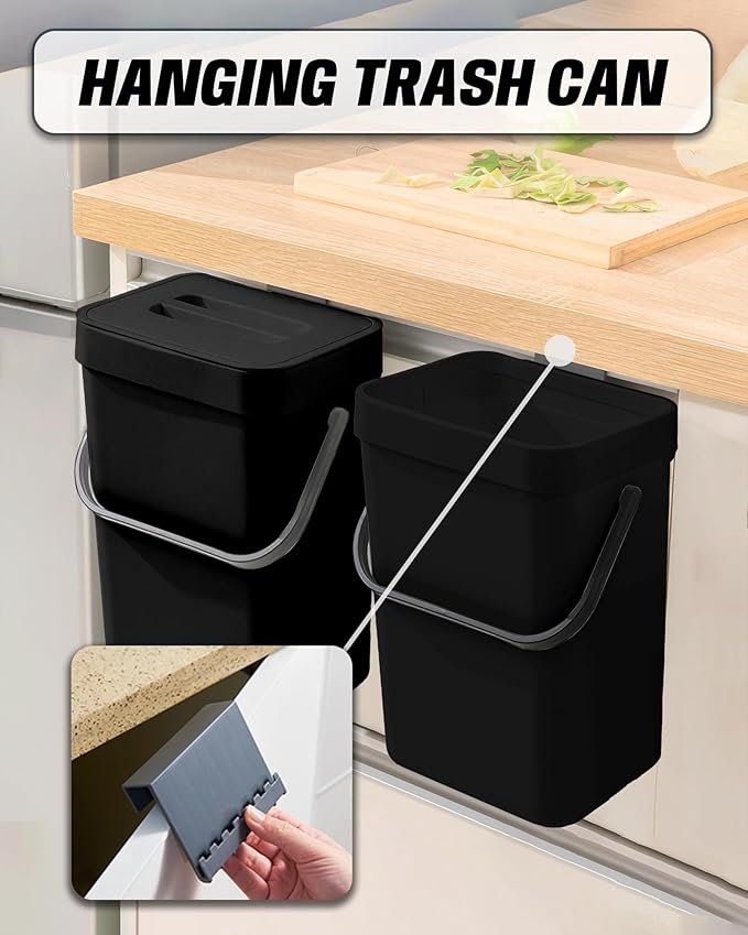 Kitchen Compost Bin - 3.2 Gallons Hanging Trash Can with Lid for Kitchen Bathroom, Under Sink Trash Can, Outdoor Compost Bucket with Lid, 12L(Black)