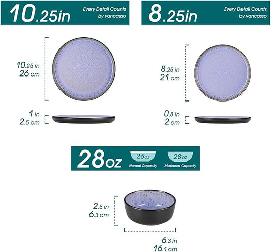 vancasso Plates and Bowls Sets, 24 Pieces Stoneware Dinnerware Sets for 8, Kitchen Dish Set Mircowave and Dishwasher Safe Dinner Set Ceramic Dishware, Light Purple, Series AMBER