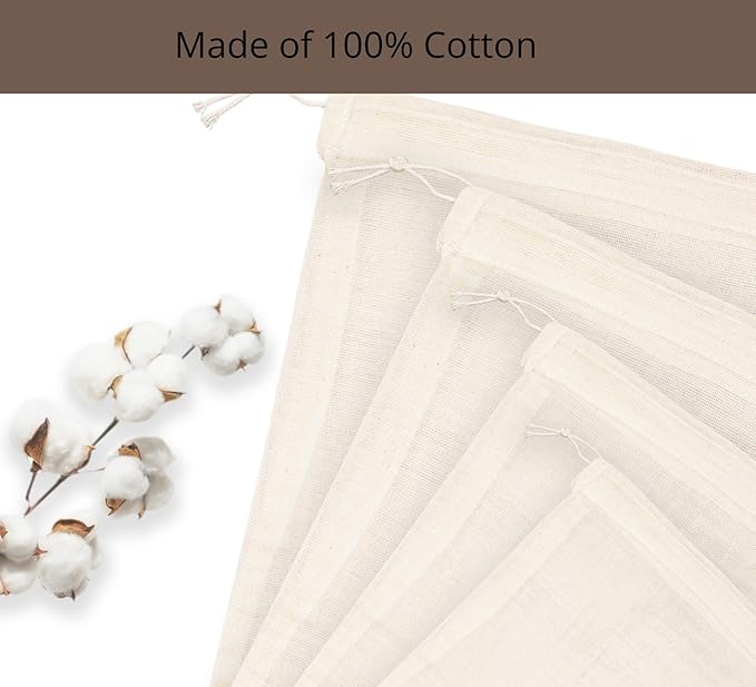 PurpleEssences Empty Spice Bags for Cooking Soup - Natural Unbleached Cotton Muslin Drawstring Cheesecloth Bags for Tea, Herbs, Bone Broth, Cold Brew & Straining - Natural (4, 4 x 6 Inch)