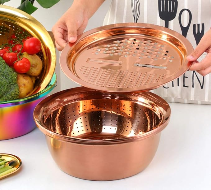 3PC/Set Colander set Stainless Steel Vegetable Slicer Fruit Potato Peeler Carrot Grater Strainer Utensil Round Rice Washer Bowl Drain Basket-Rose Gold