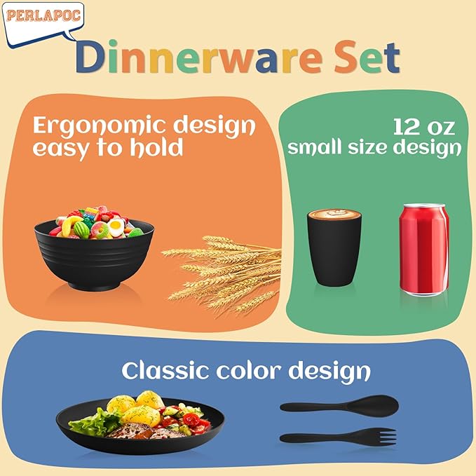 Wheat Straw Dinnerware Sets, Unbreakable Kids Plates and Bowls Sets 20-Piece Service for 4, Alternative Plastic Outdoor Camping Dishes, Microwave & Dishwasher Safe - Black