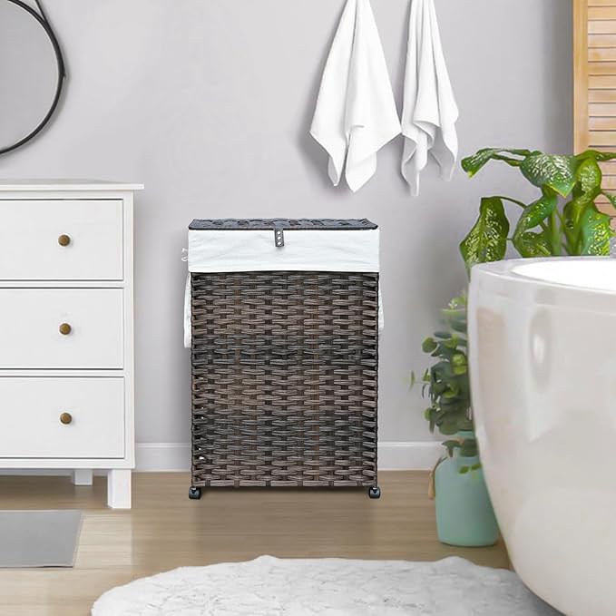 70L Slim Laundry Hamper with Lid & Wheels, 2-Park Rolling Laundry Basket with 4 Removable Liner Bags & 3 Mesh Bags, Narrow Dirty Clothes Basket, Foldable Handwoven Rattan Laundry Sorter, Brown
