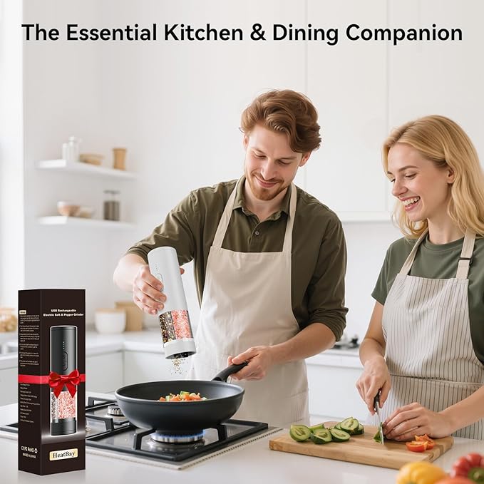 2 in 1 Electric Salt and Pepper Grinder Set, USB Rechargeable, Automatic Salt and Pepper Mill Shakers with Battery Display, LED Light, Adjustable Coarseness(White)