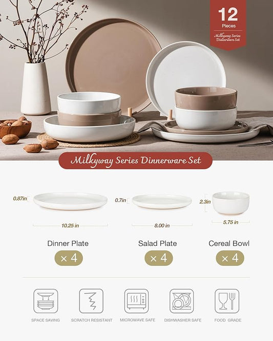 Famiware Milkyway Plates and Bowls Sets, 12 Pieces Stoneware Dinnerware Sets, Dishes Set for 4, White & Cinnamon Brown