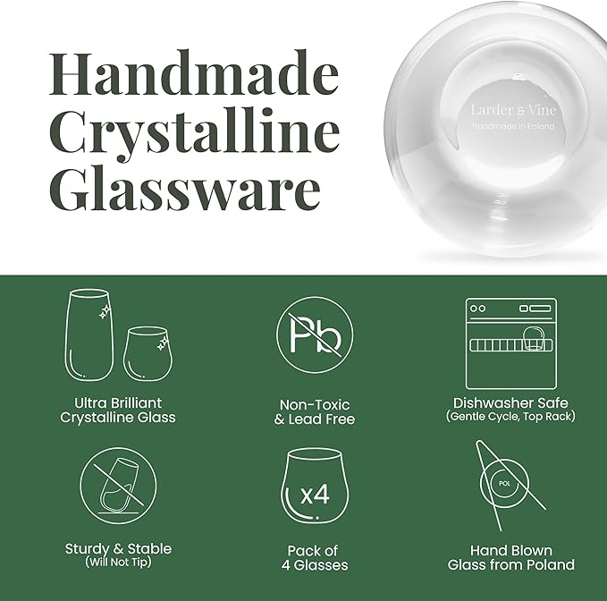 Larder & Vine Crystalline Glassware Tumbler Set, Artisan Drinkware for Cocktails, Water, Whiskey or Spirits, Handmade in Poland (Classic Tall)