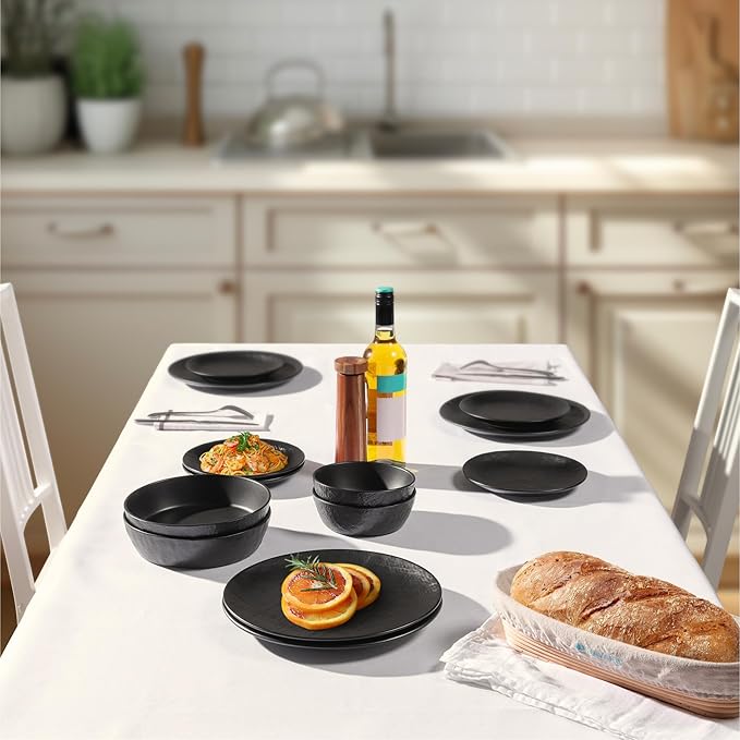 Navaris Linen Artisan Stoneware Dinnerware Set (18 Pieces) - Dishwasher & Microwave Safe Plates & Bowls for 6 with Dinner, Side Plates & Pasta Bowls - Charcoal Black