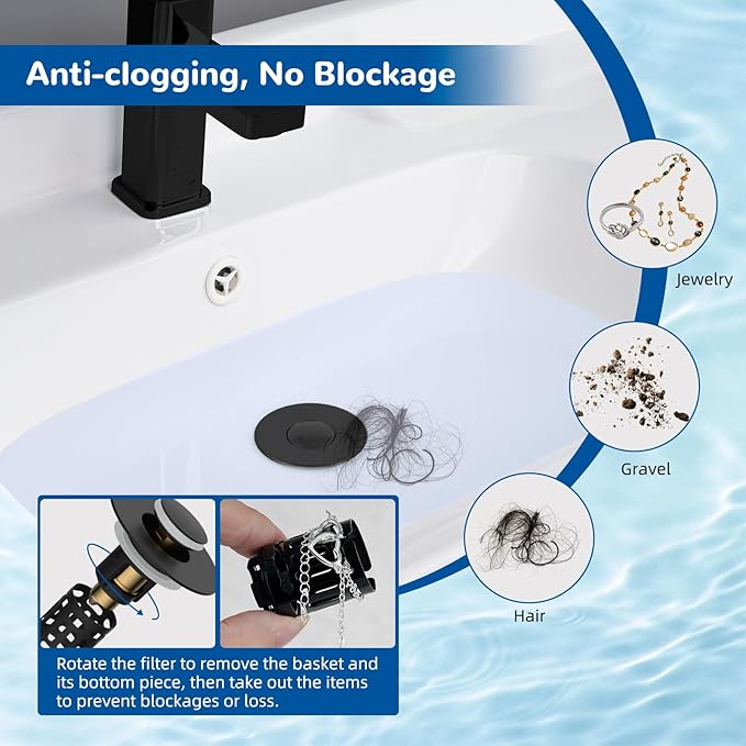Hibbent Upgraded 3 in 1 Bathroom Sink Drain Strainer, Universal Pop Up Stopper, Removable Stainless Steel Filter Basket Hair Catcher, Sink Plug for 1.1''~2.36'' Basin, Brass Bullet Core, Matte Black