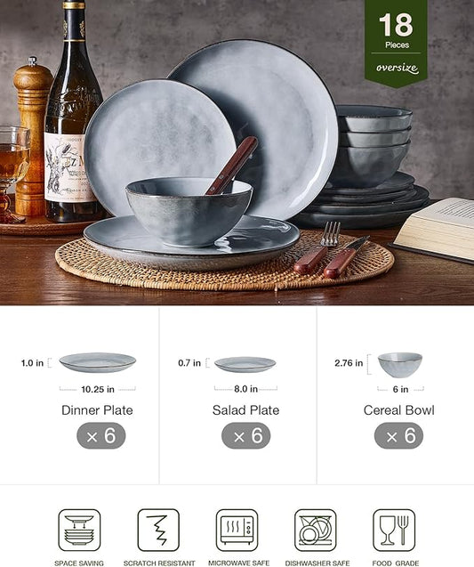 Famiware Ocean Round Plates and Bowls Set, 18 Pieces Dinnerware Sets, Dishes Set for 6, Reactive Glaze, Microwave and Dishwasher Safe, Scratch Resistant, Grey