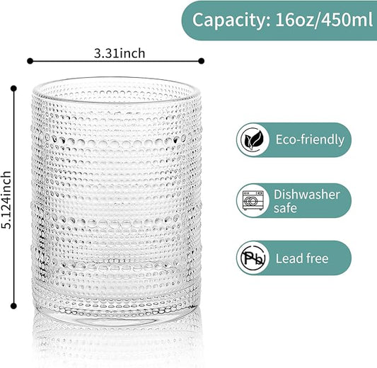 Hobnail Drinking Glasses Set,16 Oz Vintage Embossed Glass Tumbler for Cocktail, Beer, Juice, Water, Whiskey and Kitchen Glassware, 2 Pack
