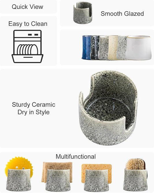 Kitchen Sponge Holder, Ceramic Dish Sponge Holder Scrubby Daddy Farmhouse Dish Rack Brush Holder for Bathroom, Kitchen, Sink, Special Gray
