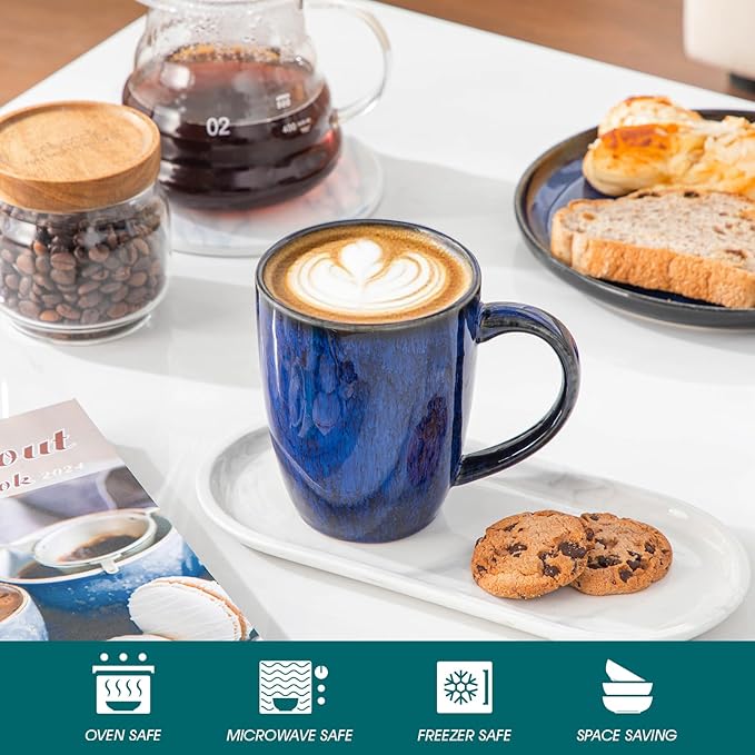 vancasso STARRY Ceramic Coffee Mug Set of 6, 12 Oz Tea Cups with Handle for Latte, Tea, Cappuccino, Milk, Cocoa, Microwave&Dishwasher Safe,Blue