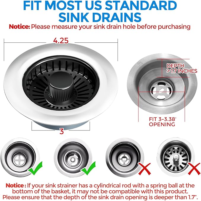 zaa Kitchen Sink Drain Strainer - Kitchen Sink Stopper, 304 Stainless Steel Sink Drain Stopper, Sink Protector for Kitchen with Anti-Clog Filter, Fit US Standard 3-1/2'' Sink Drain Hole, Black