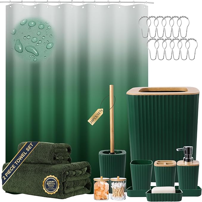 Dark Green Bathroom Set - Green Bathroom Accessories Set, 24PCS Bathroom Accessory Set with Shower Curtain, Bath Towels, Trash Can, Soap Dispenser, Green Bathroom Accessories for Home