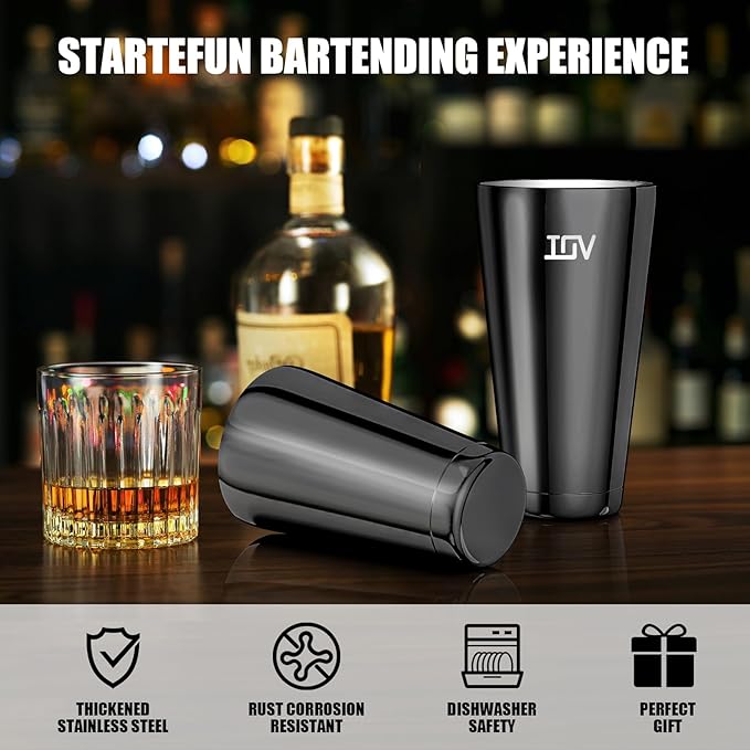IOV Boston Cocktail Shaker Set, 18oz & 28oz Stainless Steel Weighted Shaker Tins, Metal Martini Drink Mixer for Bartending, Professional Bar Tools with Cocktail Recipe Guide, Black