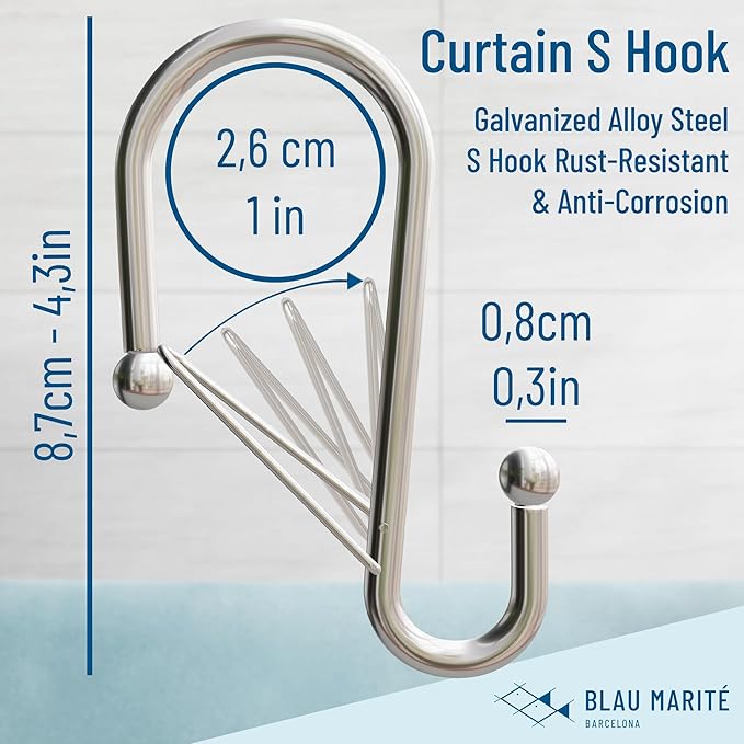 Set of 12 Silver Metal S Hook Shower Hooks 1” – Closed, Heavy Duty, Long Decorative Shower Curtain Hooks, Easy Glide, Buckle, Large Rust Resistant Rings for Bathroom Rods (Silver, S)