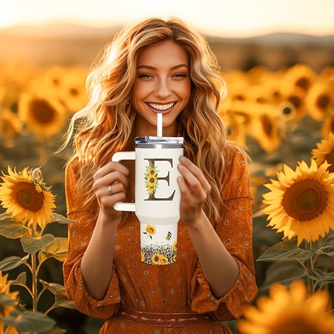 Personalized Birthday Gifts For Women - Sunflowers Monogrammed Cup For Boss Day, Christmas - Customized Gifts For Women, Mom, Wife, Coworkers, Boss Lady, Her - Custom Tumbler With Handle 40oz