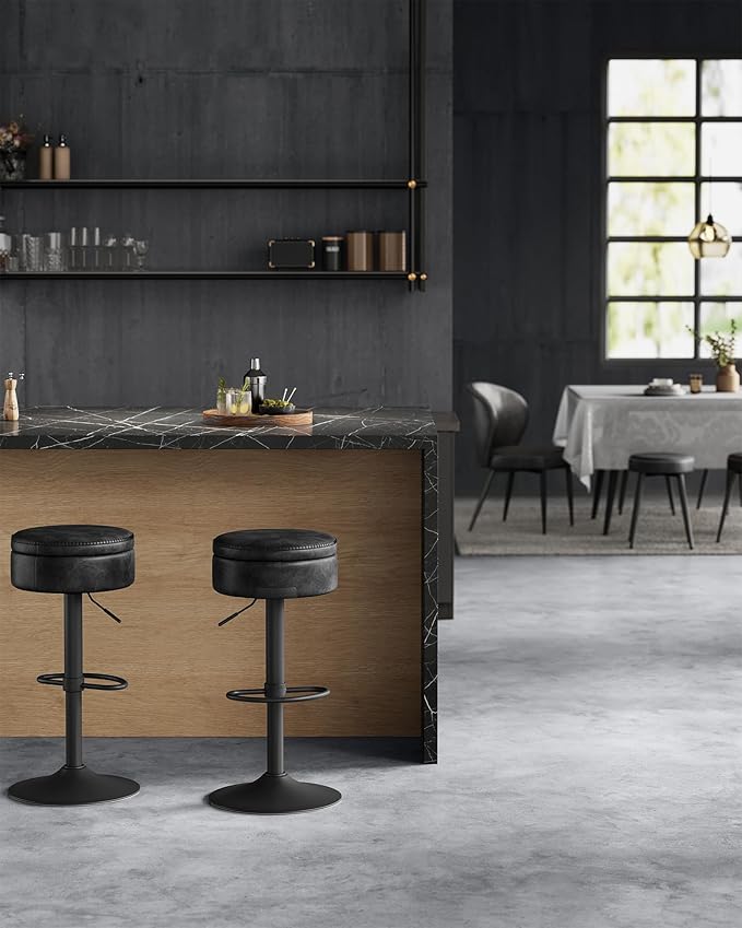 VASAGLE EKHO Collection - 360° Swivel Bar Stools Set of 4, Height Adjustable Barstools with Storage, Synthetic Leather with Stitching, Mid-Century Modern, Kitchen Bar, Easy Assembly, Ink Black