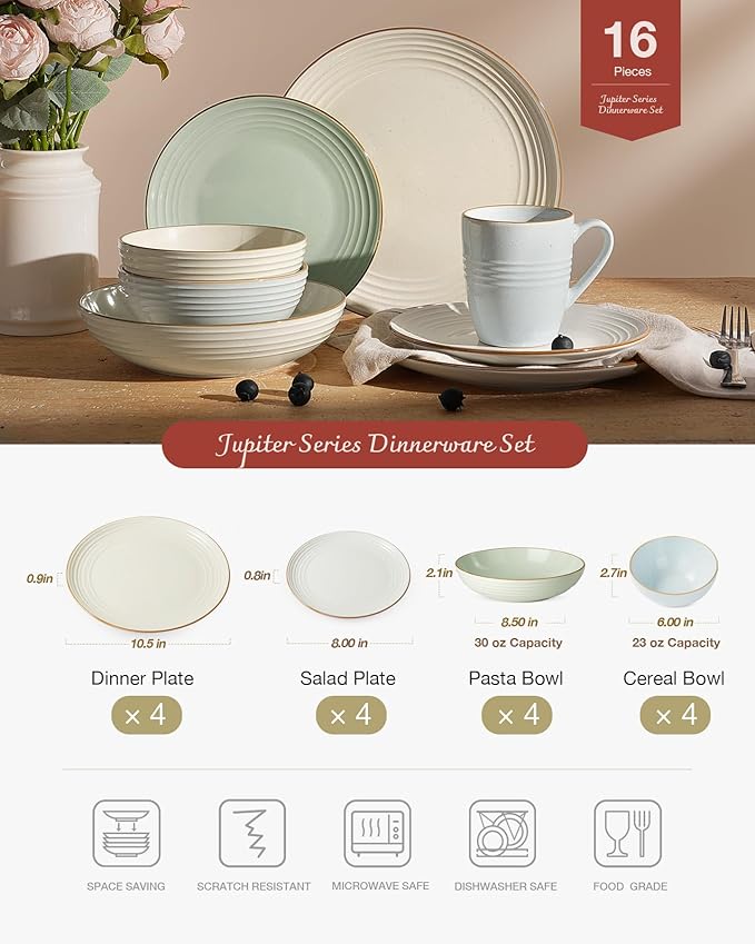 Famiware Jupiter Dinnerware Set with Pasta Bowl, Plates and Double Bowls Dish Sets for 4 (16 Pieces), Microwave and Dishwasher Safe, Chip and Scratch Resistant, Multi-color