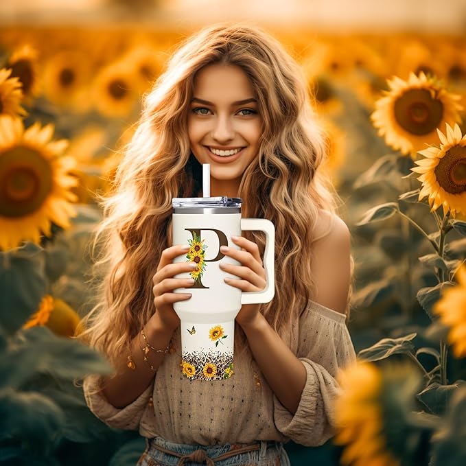 Personalized Birthday Gifts For Women - Sunflowers Monogrammed Cup For Boss Day, Christmas - Customized Gifts For Women, Mom, Wife, Coworkers, Boss Lady, Her - Custom Tumbler With Handle 40oz