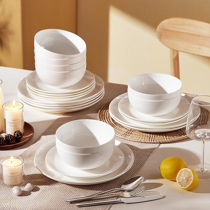 KINGSTONE Bone China Dinnerware Sets, 18-Piece Dinnerware Set for 6, Lightweight Durable, Dishwasher Safe, Tableware for Daily Use with Elegant Design, White