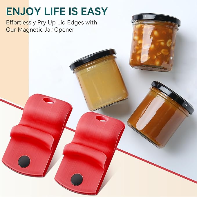 2 Pack Canning Jar Opener with Magnets, Mason Jar Opener For Canning Lids, for Regular and Wide Mouth Lids, Powerful Magnet for Easy Refrigerator Storage, Releases Vacuum Seal(Red)