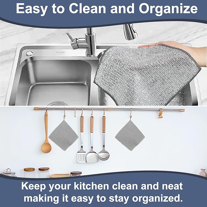 12PCS Wire Dishwashing Rag Non-Scratch: Multipurpose Wire Dishcloth for Wet and Dry - New Upgrade Double-Layer Dish Cloth Metal Cleaning Cloths with Microfiber for Kitchen, Sinks, Dishes, Stove Tops