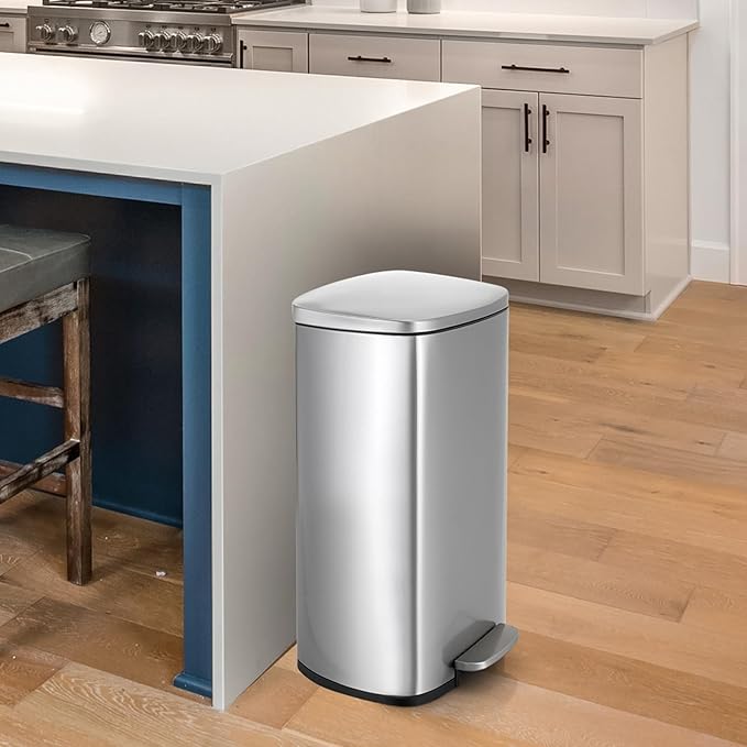 8 Gal Kitchen Trash Can, 30L Recycling or Garbage Bin, Brushed Stainless Steel Waste Basket, Soft&Quiet Close Dustbin, with Step-On Pedal, Removable Inner Bucket, for Home, Office, Living Room