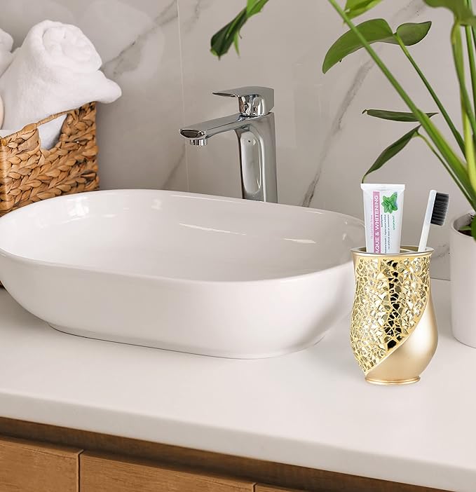Zahari Home 4pc Sinatra Stylish Bathroom Accessories Set Champagne Gold Soap Dispenser Pump, Tumbler, Tooth Brush Holder and Soap Dish Modern Decor Bling Mosaic Glass Gold Bathroom Accessories