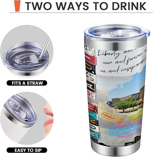 20oz Insulated Tumbler North Dakota State Coffee Mug, United States Map Travel Mug Landmark, Birthday Gifts Cute Custom Tumbler Cups with Lid and Straw Gifts for Mom