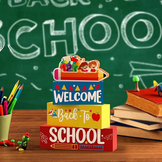 Welcome Back to School Table Decorations, 1st Day of School Wooden Block Sign Pencil Centerpieces for Party, The First Day Banner, Classroom Decor for Kids Teacher Desk Gifts, Tiered Tray and TableTop