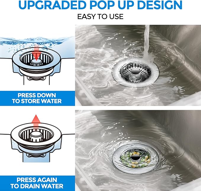 zaa Upgraded 3in1 Kitchen Sink Drain Strainer & Sink Stopper, 304 Stainless Steel Sink Drain Basket & Sink Protector for Kitchen with Anti-Clog Filter, Fit US Standard 3-1/2'' Sink Drain Hole, Gray