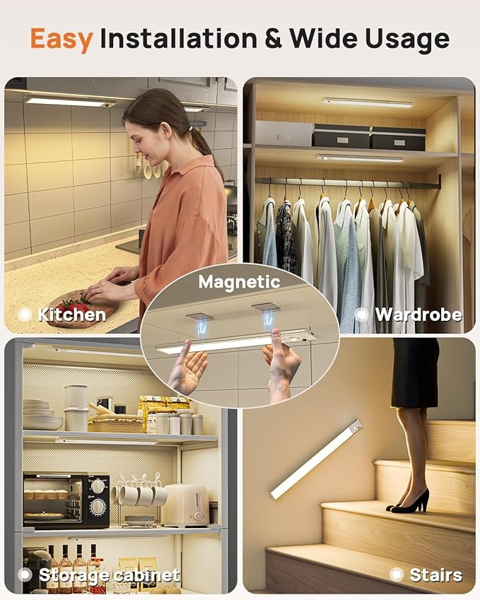 16in Under Cabinet Lighting with Remote, 160 LED Motion Sensor Light Indoor, 4000mAh USB Rechargeable Closet Lights Wireless, 3 Color Temps Under Counter Lights for Kitchen, Pantry, Stair, 3 Pack
