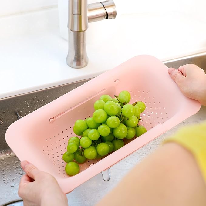 BLUE GINKGO Sink Colander Baskets - (Pack of 2) Wash Vegetables and Fruits, Drain Cooked Pasta and Dry Dishes - Extendable - New Home Kitchen Essentials (Grey & Pink)