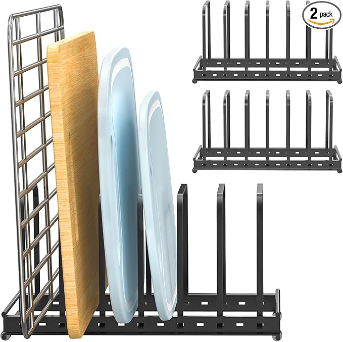Cutting Board Organizer Rack, 2-Pack Adjustable Bakeware Organizer Holder for Cabinet Countertop, 7 Slots Metal Rack Cookie Baking Sheet, Pot Pan Lids Divider Kitchen Organization Storage, Black