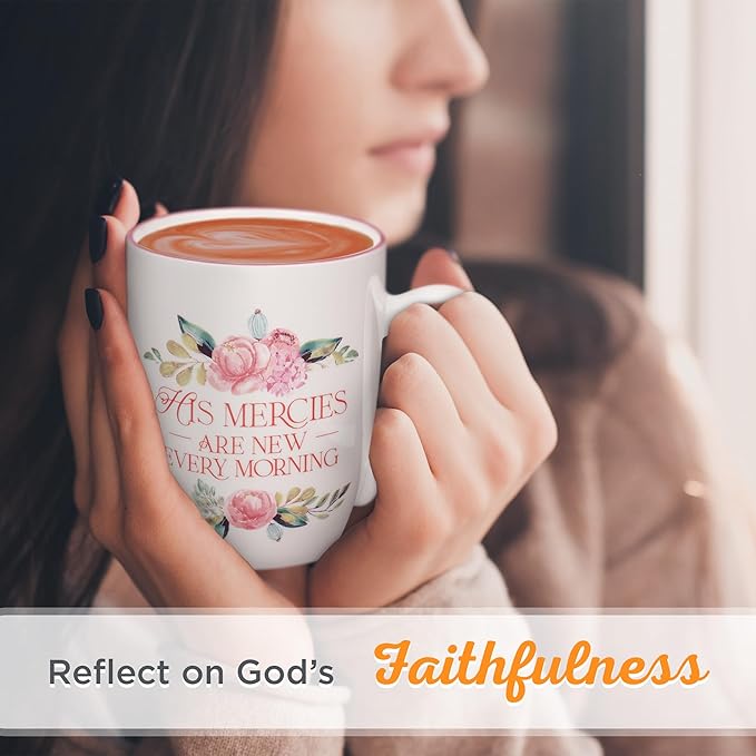 Christian Art Gifts Inspirational Ceramic Coffee & Tea Mug for Women: Mercies are New Every Morning Encouraging Bible Verse, Microwave & Dishwasher Safe Novelty Drinkware, White & Pink Floral 12 oz.