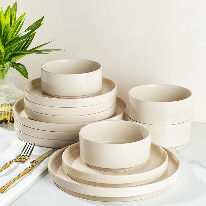 TheTerra Ceramic Dinnerware Sets for 4, 12 Pieces Handmade Reactive Glaze Plates and Bowls Set, Scratch Resistant Dish Set, Oven & Microwave & Dishwasher Safe, Ice Cream