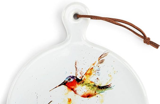 DEMDACO Dean Crouser Collection Watercolor Hummingbirds Round Mini 5 x 6.5 Stoneware, Suede, Wood Cutting Cheese Serving Board with Knife