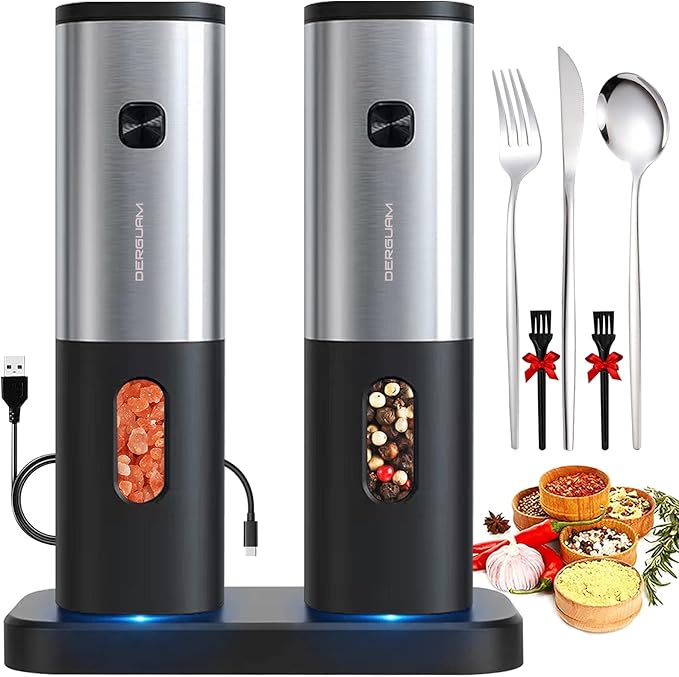 Rechargeable Electric Salt and Pepper Grinder Set with Charging Base, DERGUAM Stainless Steel Pepper Grinder with Adjustable Coarseness and Led Light