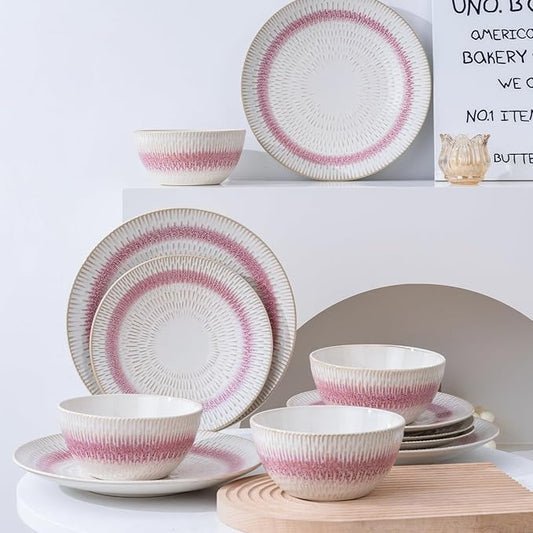 Dinnerware Set Pink Stoneware 12 Pieces Service for 4, Stoneware Plates and Bowls Set, Dishwasher Microwave Safe Dishes set