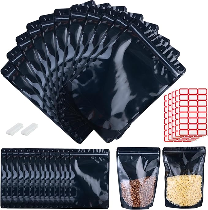 150-pack 7" x 10" Large Stand Up Mylar Bags with Clear Window 1 Quart Resealable Foil Pouches for Food Storage Smell Proof Edible Packaging Bag for Cookies and Small Business, Bulk