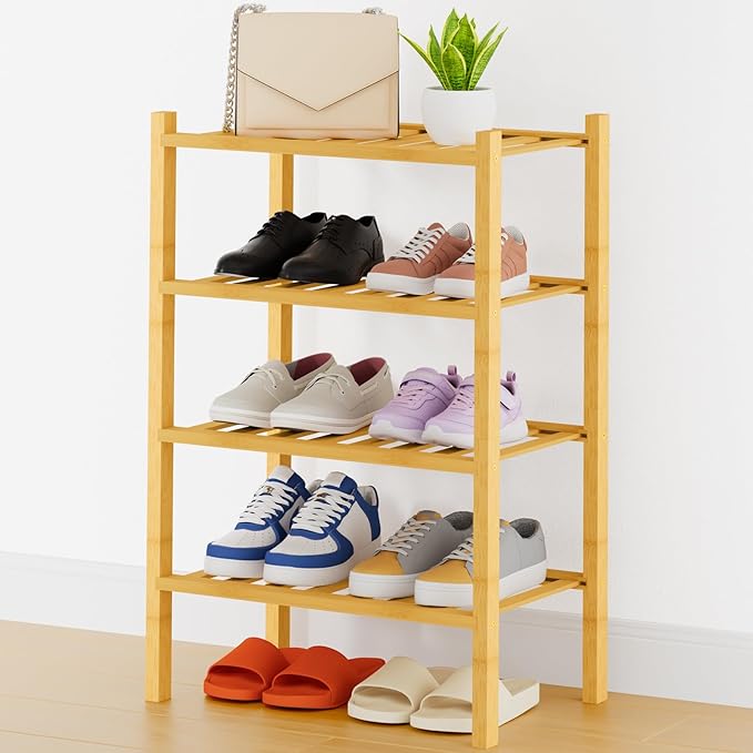 Smiry Shoe Rack, 4 Tier Thick Small Bamboo Shoe Organizer, Stackable Free Standing Wooden Shoe Storage Shelf for Closet, Entryway, Front Door Entrance, Natural