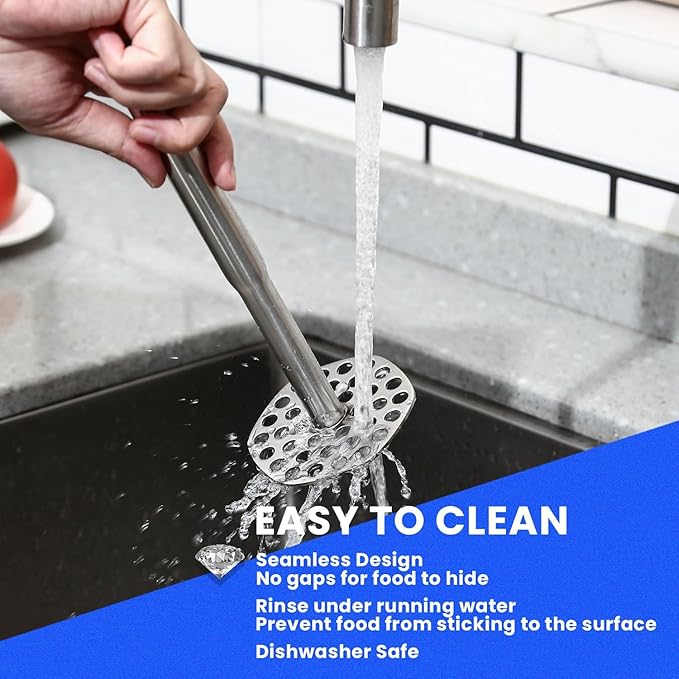 316L Potato Masher Stainless Steel, Sturdy Mashed Potato Masher Kitchen Tool, Solid Integrated Potatoes Smasher for Beans, Avocados, Squash, Dishwasher Safe, 8.8 Inch