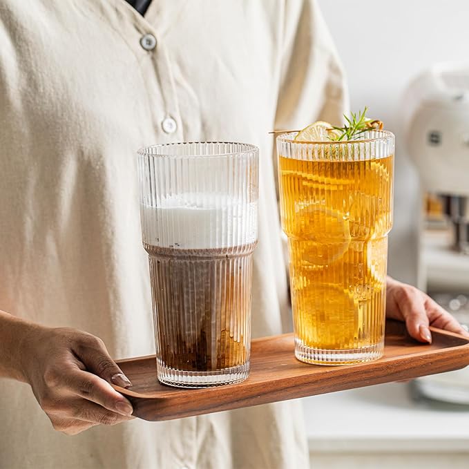 INSETLAN 20 oz Ribbed Glass Tumblers with Lids and Glass Straws – 4-Piece Glassware Set, Thickened Wall, Ideal for Iced Coffee, Smoothies, Cocktails, and Juices – Elegant and Durable Drinkware