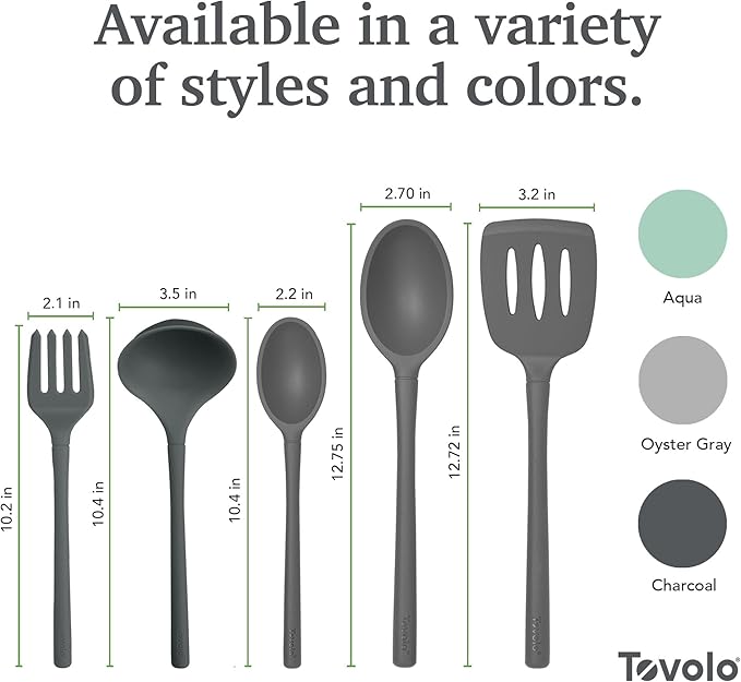 Tovolo Flex Core Silicone Cooking Utensils Set of 5 Slotted Turner Spatula Spoons Fork Ladle Non Stick Dishwasher Safe Heat Resistant Kitchen Tools for Cooking Baking Serving Food Prep Charcoal Gray
